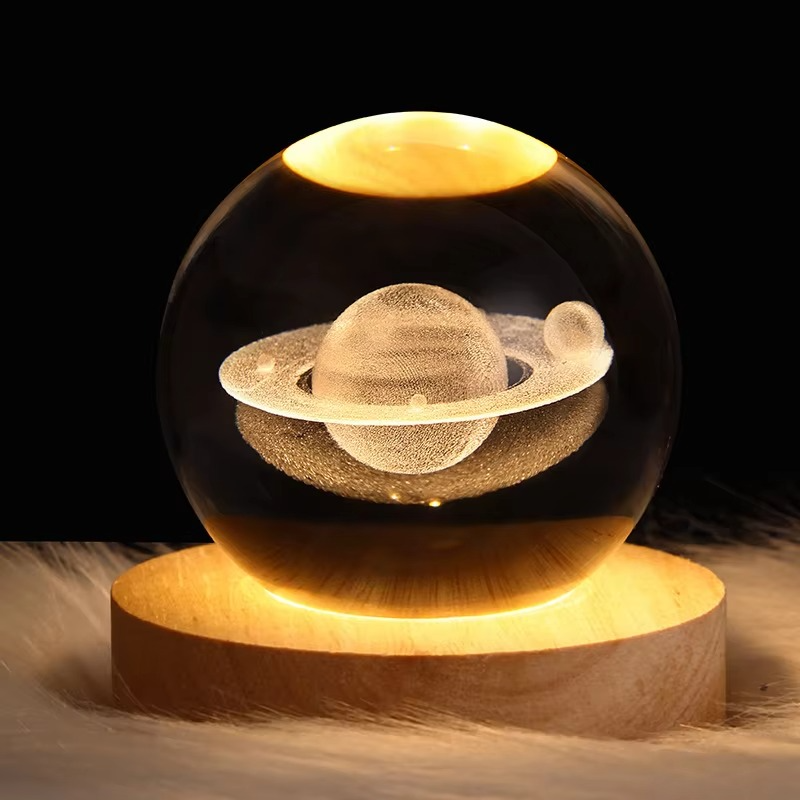 3D Galaxy Space Crystal Ball Night Light with Wooden Stand