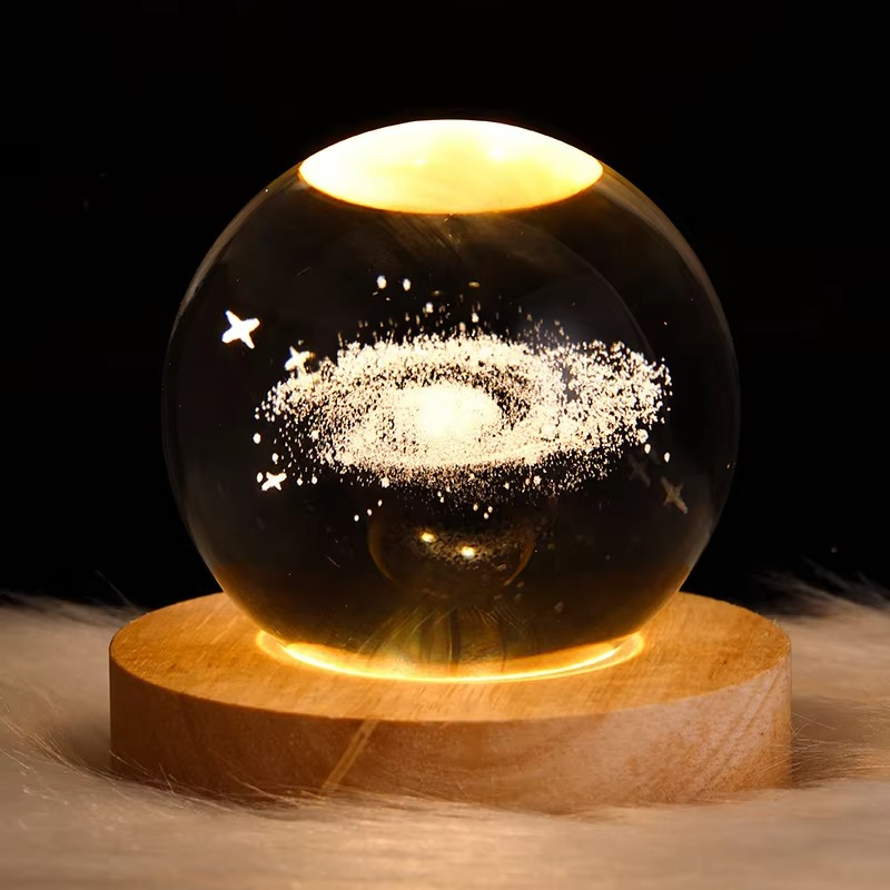 3D Galaxy Space Crystal Ball Night Light with Wooden Stand