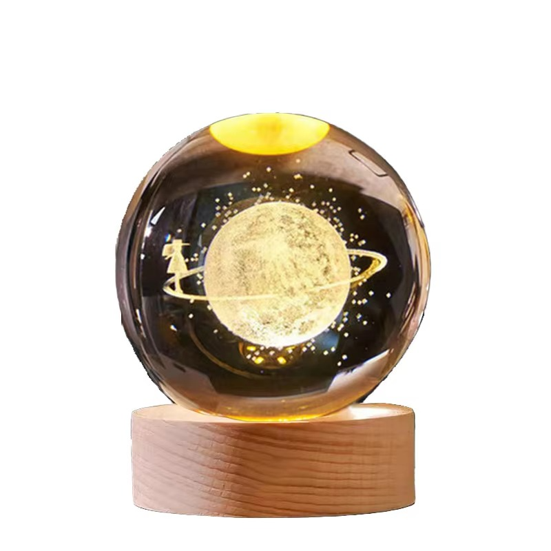 3D Galaxy Space Crystal Ball Night Light with Wooden Stand