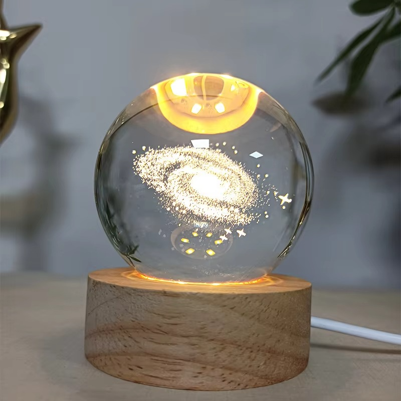 3D Galaxy Space Crystal Ball Night Light with Wooden Stand