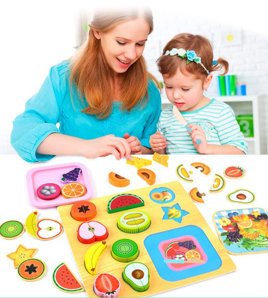 Kids Wooden Fruits Cutting Toys Set, Cutting Fruits Pretend Food Playset Learning Toy