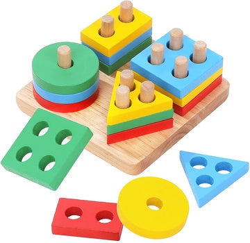 Wooden Geometric Shape Matching 4 Column Blocks Pole For Kids Early Educational Toys, Colorful Shape Sorter Wooden Toy